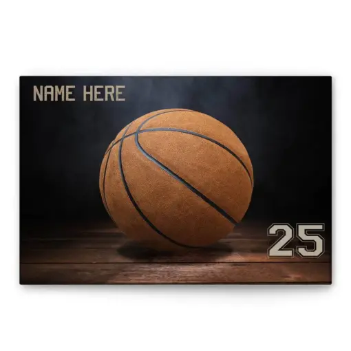 Personalized Basketball Poster & Canvas, Basketball on on Vintage Wood Floor Wall Art, Custom Name Number Home Decor For Son, Boy, Men