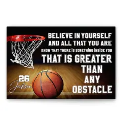 Personalized Basketball Poster & Canvas, Greater Than Any Obstacle - Motivational & Inspirational Quote Wall Art, Custom Name Number Home Decor