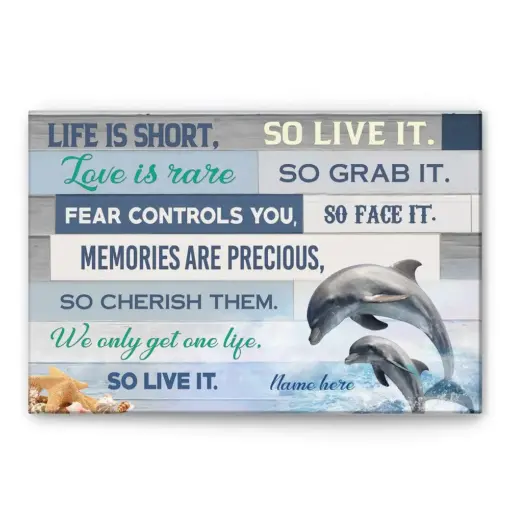 Personalized Dolphin Poster & Canvas, Life Inspirational Quotes - Beach Shell Themed Blue Ocean Animal Wall Art, Custom Name Home Decor