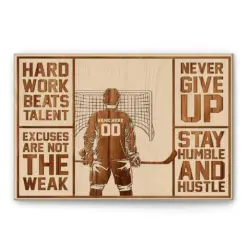 Personalized Hockey Poster & Canvas, Never Give Up Inspirational Quote Wall Art, Custom Name Number Home Decor For Son, Boy, Kid