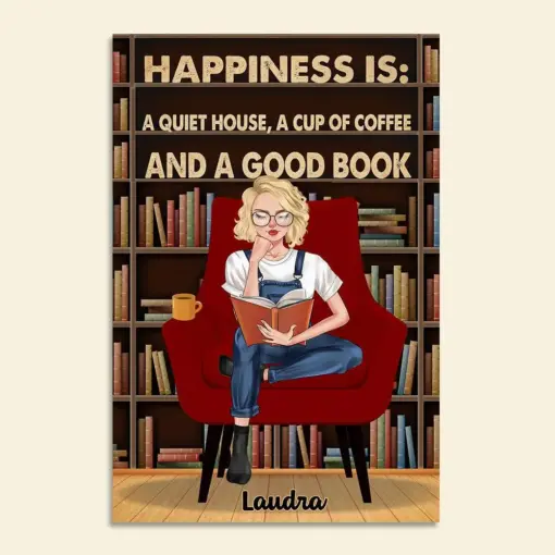 Personalized Reading Girl Poster - Happiness Is Coffee Book - Poster & Canvas