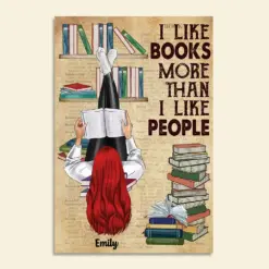 Personalized Reading Girl Poster - I Like Books More Than I Like People - Girl Lying Down Read - Poster & Canvas