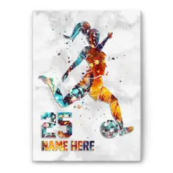 Personalized Soccer Poster & Canvas, Female Soccer Player Watercolor Wall Art, Custom Name Number Home Decor For Daughter, Girl