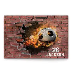 Personalized Soccer Poster & Canvas, Soccer Fire Break Through The Wall Wall Art, Custom Name Number Home Decor For Son, Boy, Kid