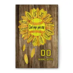 Personalized Softball Poster & Canvas, God Says You Are Sunflower Wall Art, Custom Name Number Home Decor For Mom, Girl, Daughter, Kid