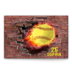 Personalized Softball Poster & Canvas, Softball Fire Break Through The Wall Wall Art, Custom Name Number Home Decor For Daughter, Girl