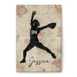 Personalized Softball Poster & Canvas, Softball Girl Vintage Flower Wall Art, Custom Name Number Home Decor For Daughter, Softball Player