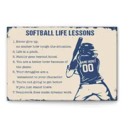 Personalized Softball Poster & Canvas, Softball Life Lessons Wall Art, Custom Name Number Home Decor For Boy, Son, Kid From Mom, Dad