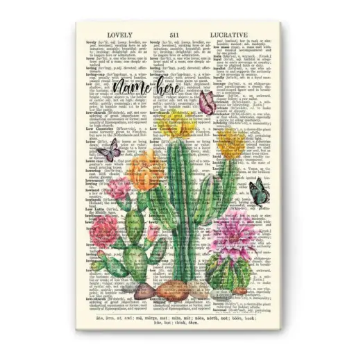 Personalized Succulent Poster & Canvas, Cactus And Butterfly Vintage Dictionary Wall Art, Custom Name Home Decor For Women