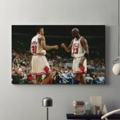 Pigpen & Jordan Canvas Art , Legendary Duo Wall Art Scottie Pigpen Poster Art Michael Jordan Poster Art , Iconic Moment Basketball Match