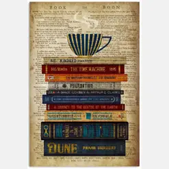 Pile Of Books Blue And Goldlen Stripe Tea Cup Motivation Hobby Quote Vintage