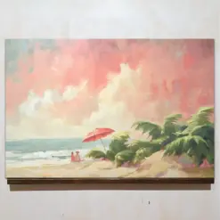 Pink Beach Sunset Wall Art Watercolor Beach Canvas - Pastel Beach Scene Oil Painting - Palm Tree Vacation Artwork - Decor For Beach House