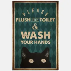 Please Flush Toilet Wash Your Hands Black Cat Funny Bathroom Toilet Quote