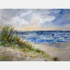 Print Of Watercolor Landscape Painting Watercolor Art Seascape Painting Beach Shore Ocean Waves Sand Dunes Summer Painting