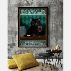 Prints Canvas Gift For Loves Cat Black Cat Listen To Music Drink Wine Gifts Vintage Home Wall Decor Canvas