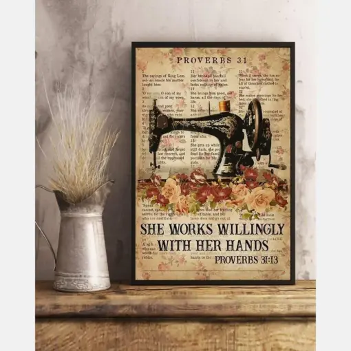 Proverbs Sewing She Works Willingly With Her Hands Machine Rose Flower Vintage Abstract