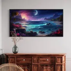 Purple Night Tropical Beach Painting Canvas Print Whimsical Bedroom Wall Art Living Room Decor Framed Ready To Hang