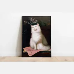 Rare Vintage Cat Poster God Save The Queen Classic White Cat Painting Cat Art Print Antique Cat Floral Print