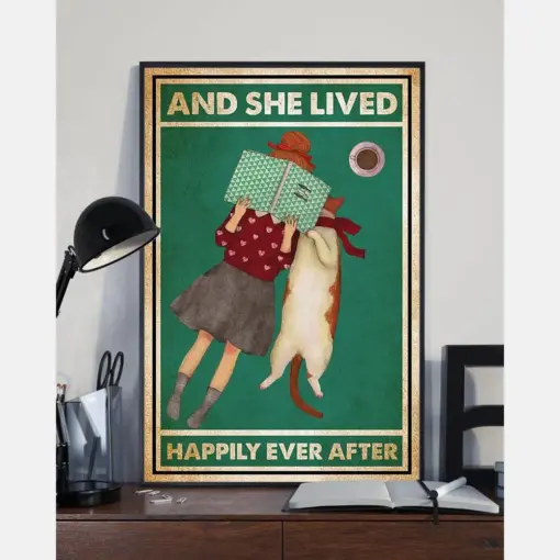 Reading Book Cat Poster And She Lived Happily Ever After Vintage Room Home Decor Wall Art Gifts Idea For Books & Cat Lover