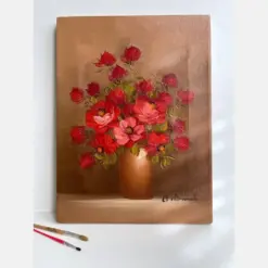 Red Flowers In Vase | Floral Oil Painting | Vintage Painted Art | Bouquet Still Life