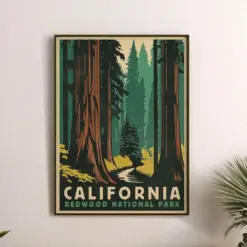 Redwood National Park Poster California Poster Retro Travel Poster Forest Wall Art National Park Prints