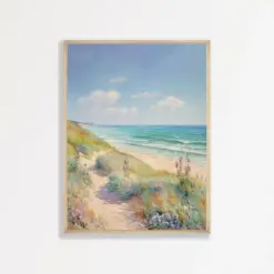 Retro Beach Painting | Pastel Coastal Wall Art | Cute Aesthetic Room Decor | Beach Landscape Artwork | I