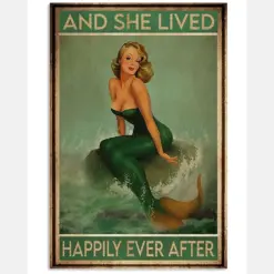 Retro Mermaid Girl Canvas Prints And She Lived Happily Ever After Vintage Wall Art Gifts Vintage Home Wall Decor Canvas