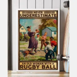 Rugby Canvas Prints Never Underestimate An Old Woman With A Rugby Ball Vintage Wall Art Gifts Vintage Home Wall Decor Canvas