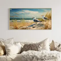 Seagulls On Sand Dunes On The Beach Painting Canvas Print - Coastal Wall Art - Living Room Bedroom Art Framed Ready To Hang