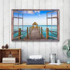 Seascape Beach Canvas Wall Art Nautical Window Frames Poster Blue Coastal Landscape Wall Decor Tropical Scenery Artwork Home Decorations