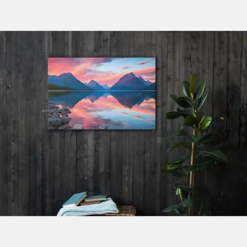 Serene Sunset Over Peaks - Reflective Lake Art - Glacier National Park Wall Art : Thin Canvas