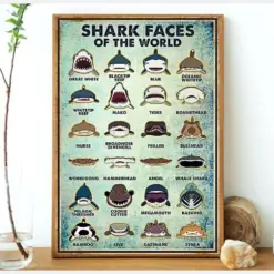 Shark Faces Of The World Poster Types Of Sharks Poster Sharks Knowledge Poster Sharks Lover Vintage Poster No Framed Poster