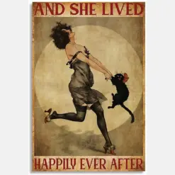She Lived Happily Ever After Black Cat Dancing Girlwoman Illustration