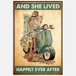 She Lived Happily Ever After Motorbike Vespa Ancient Bike Vintage Retro Art Picture Decor