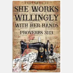 She Work Willingly With Her Hand Proverbs Sewing Machine Quilting Women Vintage