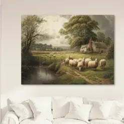 Sheep Grazing By The River Vintage Art Reproduction Vintage Home Decor Large Canvas Wall Art Vintage Farmhouse Decor Vintage Landscape