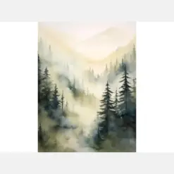 Sierra National Park Watercolor Painting Evergreen Trees Art Print California Landscape Artwork Neutral Green Gray Art Poster