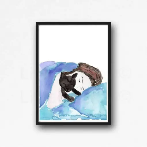 Sleeping Cat Lady Print Watercolor Painting Art Print Black Cat Decor Cat Wall Art Cat Lover Gift Wall Decor Framed