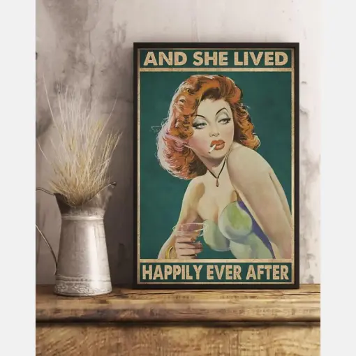 Smoking Lady Loves Wine And She Lived Happily Ever After Poster Vintage Room Home Decor Wall Art Gifts Idea
