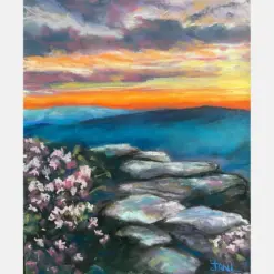 Smoky Mountains Rocky Vista With Pink Flowers Painting 12 I 14.5 Great Smokies National Park Tennessee Original Fine Wall Art Free Shipping