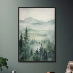 Soft Watercolor Framed Canvas Art Pacific Northwest Foggy Trees Artwork Tranquil Haze Of Greens Blues And Greys