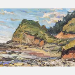 South Of Perpetua Bluff - Original Oil Painting - Seascape Of Oregon Coast - Paw Plain Air - 11 I 14 Inches - Sunny - Forested - Coast