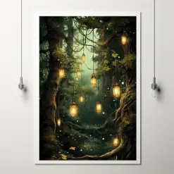 Spiritual Forest Wall Art Print - Enchanted Lanterns And Trees Scene - Mystical River Fantasy Painting - Living Room Decor - Gift Idea