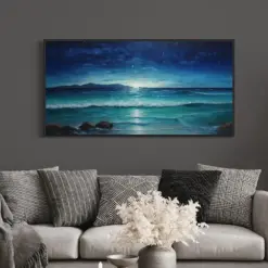 Starry Night Over Ocean Beach Wall Art Extra Large Painting Canvas Print - Coastal Wall Art Living Room Decor Framed Ready To Hang