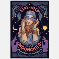 Stay Wild Moon Child Motivation Quote Hippie Girl Woman Turban Purple Vintage