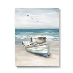 Sugar Nautical Ocean Nursery Wall Art Boat On The Beach Canvas Painting Framed Teal And Gray Wall Art For Bathroom Beach House Decor