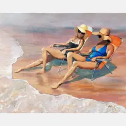 Sundays On The Beach Best Girlfriends Inch Original Oil Painting Ocean Sunny Beach Days Two Women Big Hats Wall Art