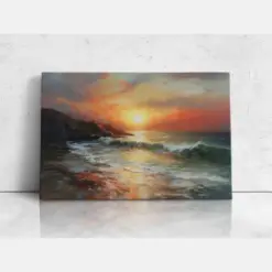 Sunset At The Beach Landscape Print Textured Oil Painting Reproduction Palette Knife Technique Ready To Hang Canvas