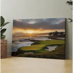 Sunset Golf Landscape Canvas With Green Wall Decor Pebble Beach Art Print Coastal Golf Scene Beach Golf Artwork