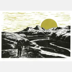 Sunset Over Landscape Linoleum Print I - Handmade | Mountain Landscape Wall Art